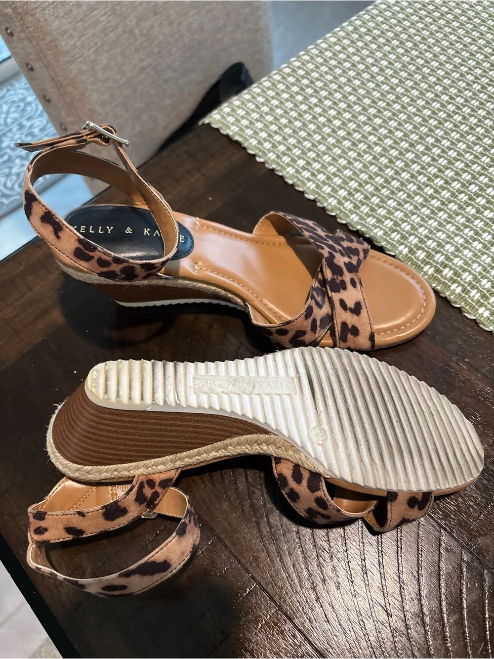 Kelly & Katie Leopard Print Ankle Strap Wedges - Tan/Brown